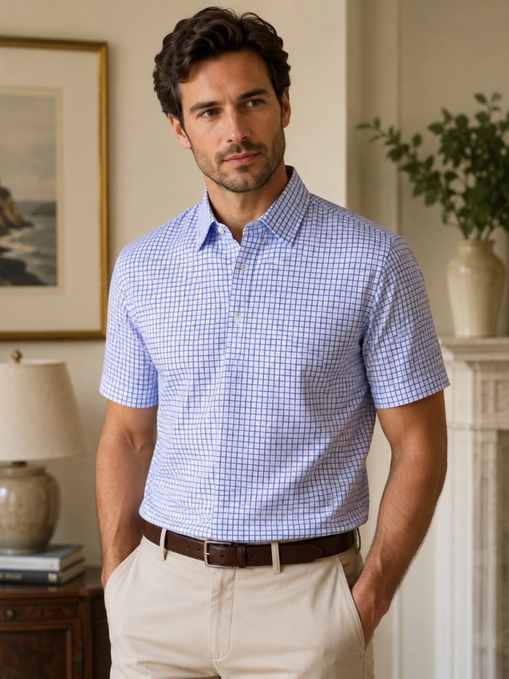 NWOT Collars & Co. Dress Collar Polo Shirt Thin Navy White Check Size 2XL XXL